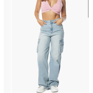 NWT Juicy Couture High Rise Wide Leg Y2K Jeans Sz:26 Light Wash Pink Logo Cargo